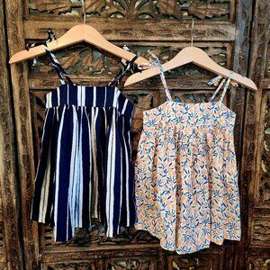 BUNDLE, 2 Tunic Dresses in navy striped and coral floral, 12-18m, twin girls